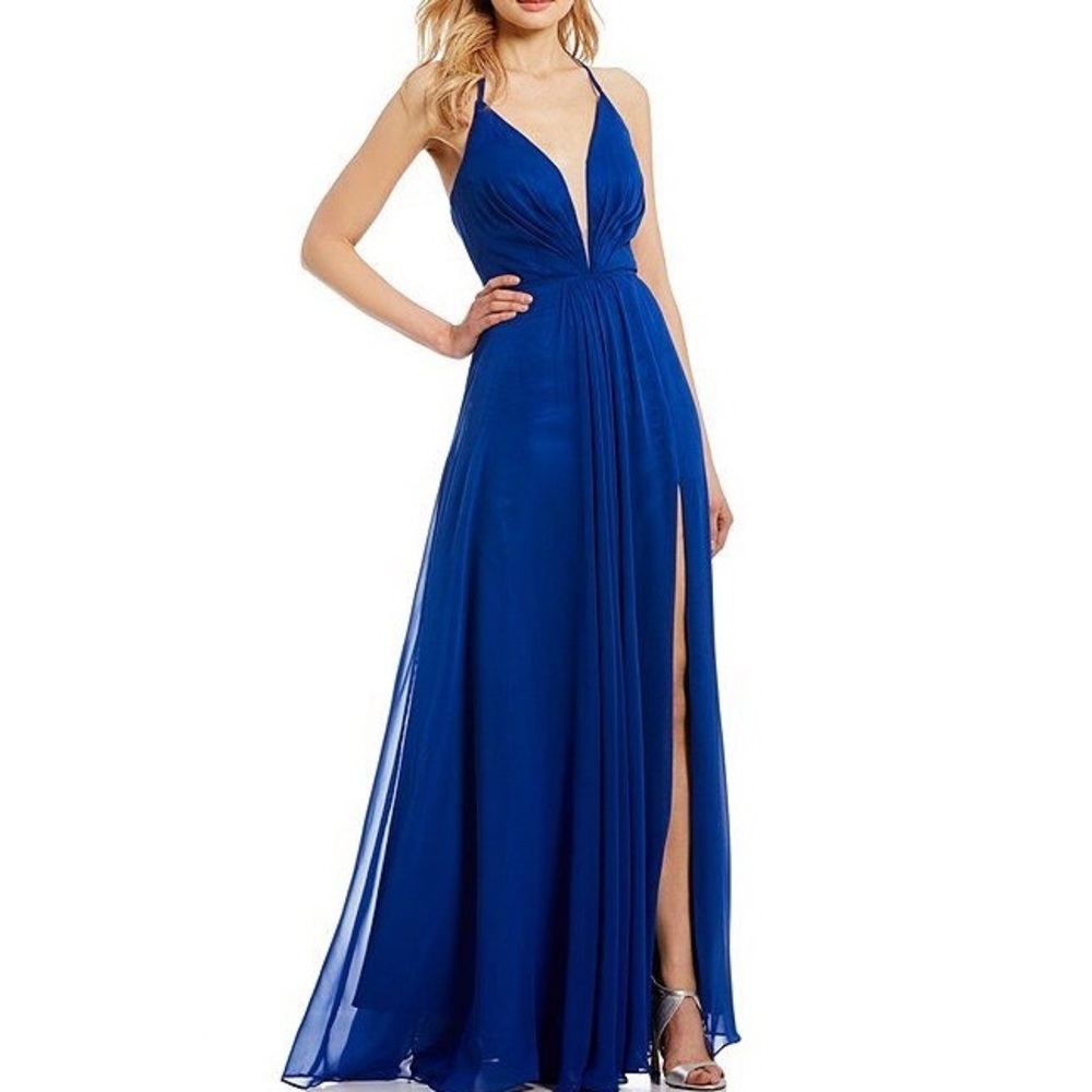 NWT Royal Blue Plunge Lace Up Gown